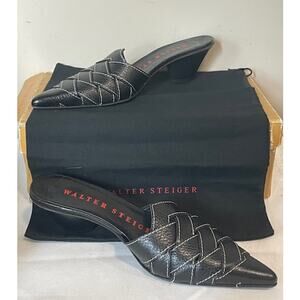 Walter Steiger Black Leather Pointed-Toe Woven Mules